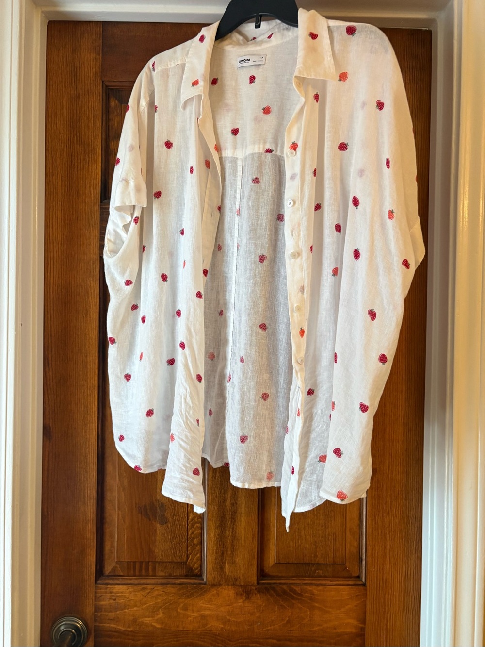 White Button-Down Shirt with Red Strawberry Print
